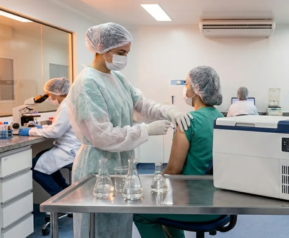 Enfermeira aplicando vacina em ambiente de pesquisa clínica